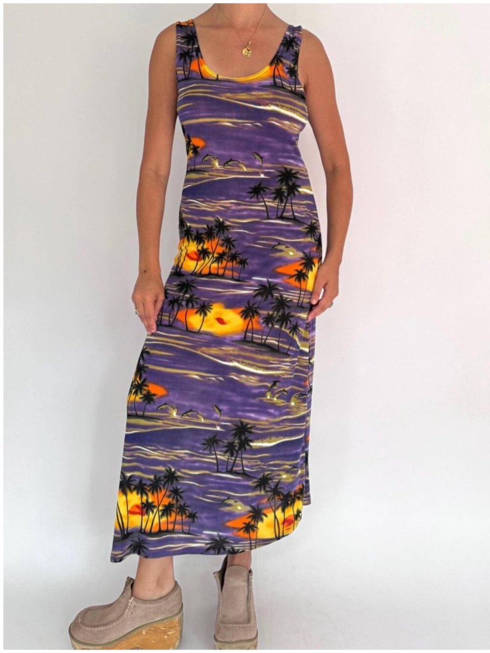 90s vintage purple hawaiian print slinky stretchy long sleeveless maxi dress